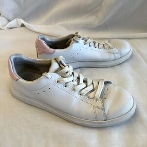 Tory Burch Howell Court Sneakers Womens 8 or 8.5 White Leather Pink Logo Low Top